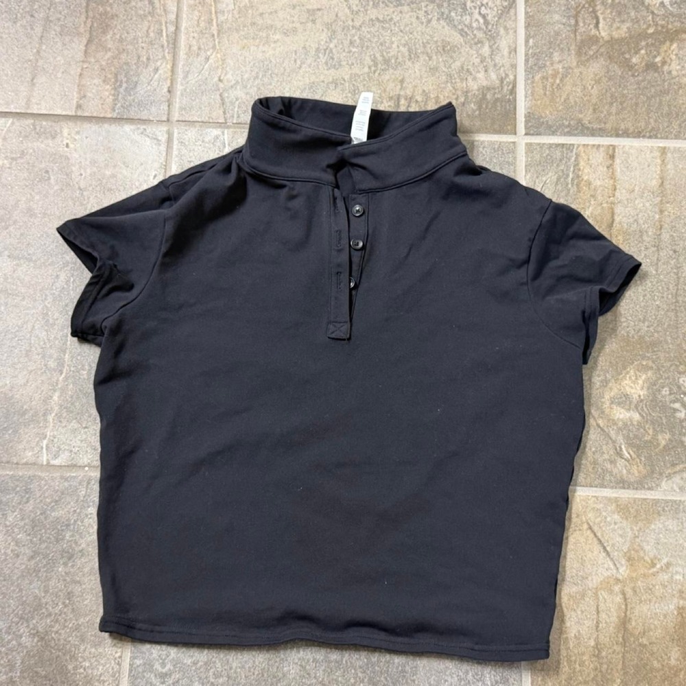 Alo Yoga Black Nylon Spandex Crop Top Polo Shirt Womens Large Activewear